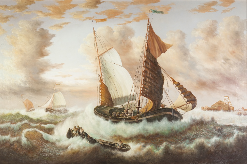 T. SLOWSKY (TWENTIETH CENTURY) OIL PAINTING ON CANVAS Fishing smacks and lifeboat in rough seas,