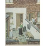 TOM DODSON ARTIST SIGNED LIMITED EDITION COLOUR PRINT Back yard scene with broken window and boy