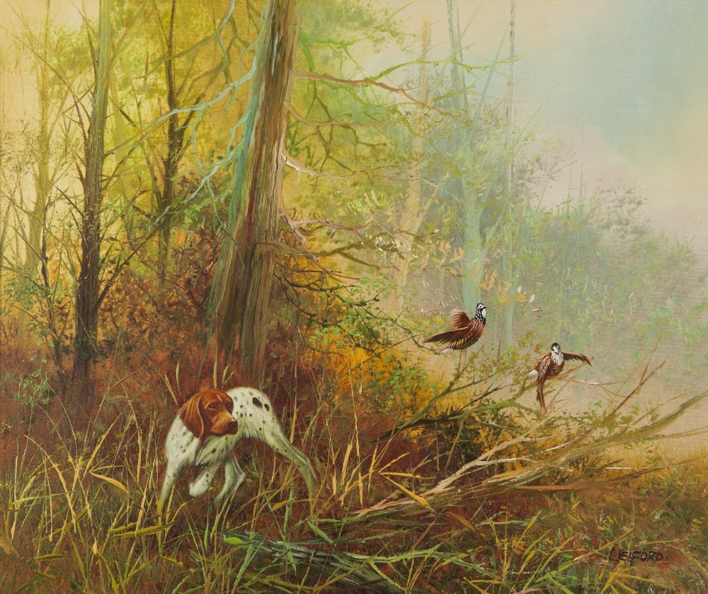 L. ELFORD (TWENTIETH/ TWENTY FIRST CENTURY) OIL PAINTING ON CANVAS Retriever startling two grouse in