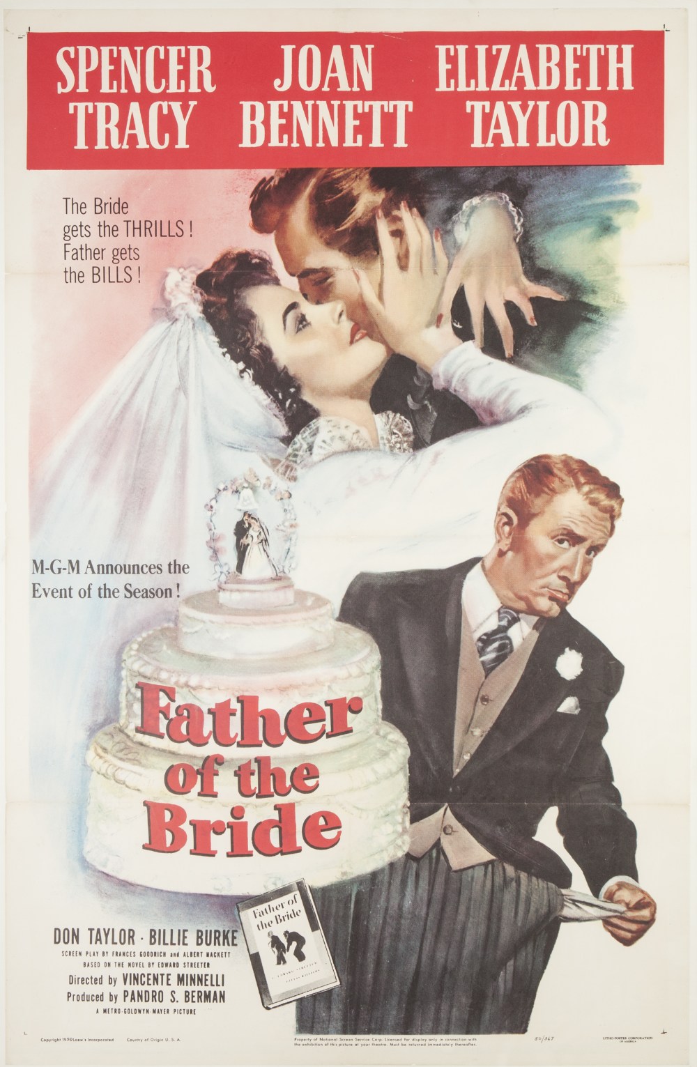 FATHER OF THE BRIDE 1950 M.G.M. US one sheet, 41 1/2" x 26 3/4", featuring Spencer Tracy, Joan