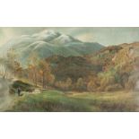 LARGE LATE 19th CENTURY COLOUR PRINT Rural scene, valley with drover and cattle In, probably