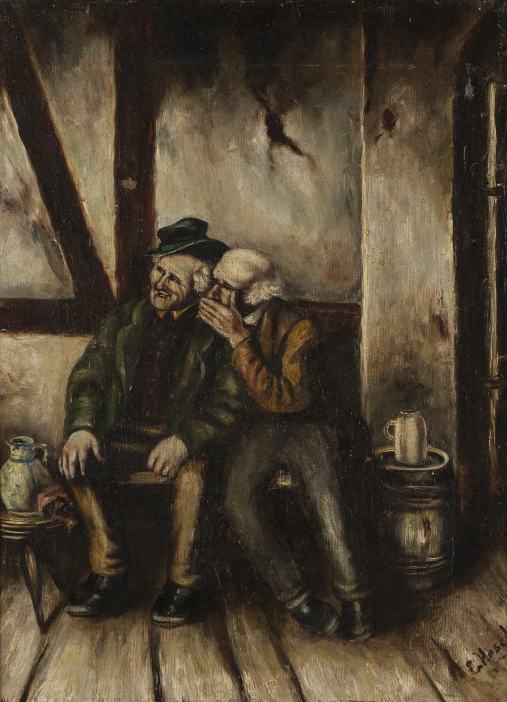 E. HOSCH (TWENTIETH CENTURY) OIL PAINTING ON CANVAS Two men in a public house Signed 15 ½" x