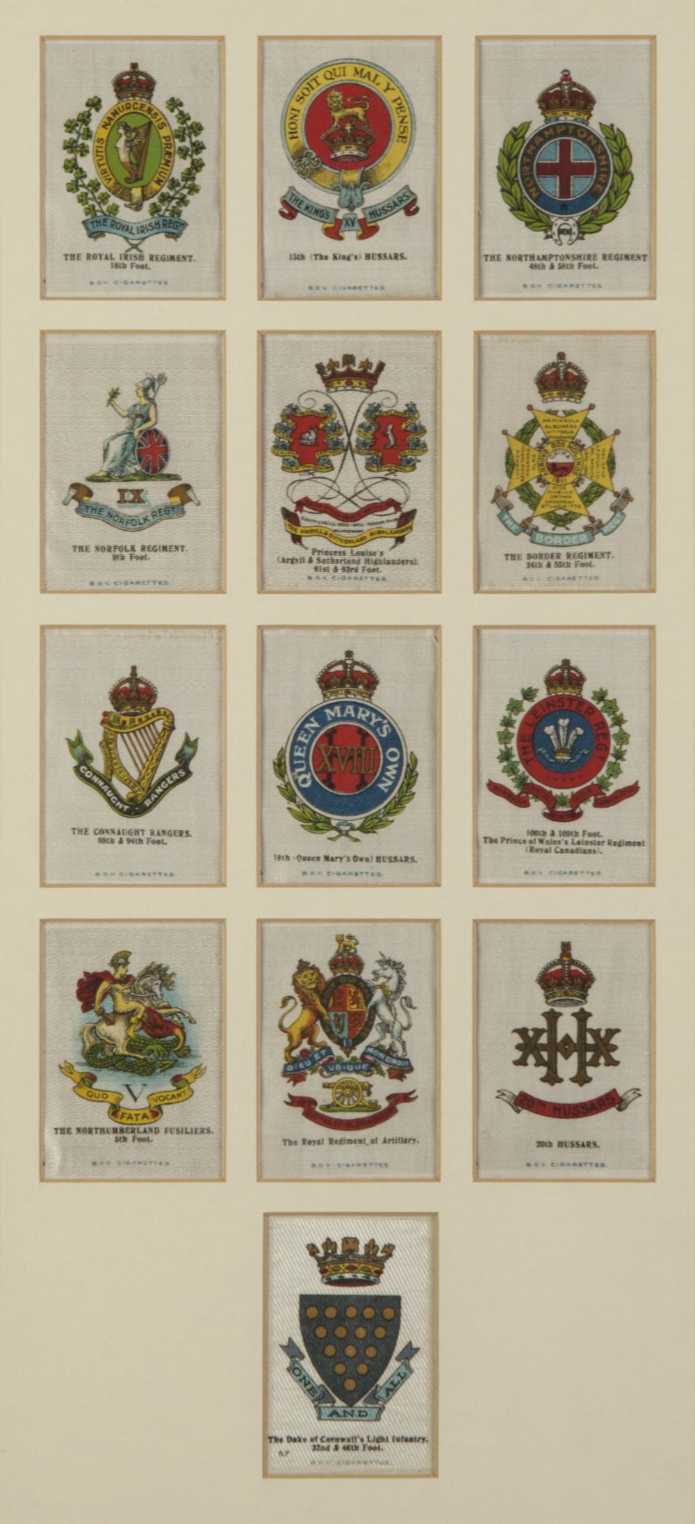 SET OF TWENTY FOUR MILITARY SILKS BY B.D.V. CIGARETTES Mounted in a pair of glazed frames 19 ¼" x 10 - Image 2 of 2