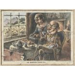 DAN PEARCE (TWENTIETH CENTURY) PEN, INK AND WASH IN THE STYLE OF HOGARTH 'Mr. Kaufman Taking Tea'