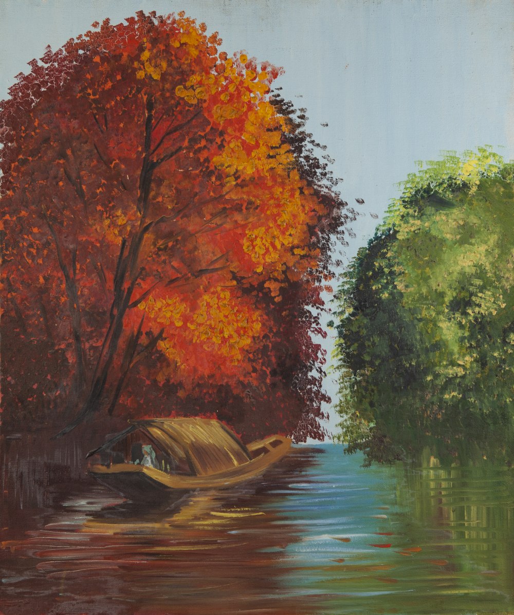 FALGUNI SHAH (TWENTIETH CENTURY) THREE OIL PAINTINGS Tranquil river scene with sampan 24" x 20 ¼" (