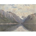 AUG JOHANNESSEN (TWENTIETH CENTURY) OIL PAINTING ON BOARD 'Norwegian Fjord' Signed, later titled