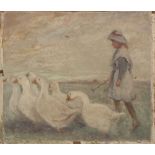 UNATTRIBUTED, AFTER SIR JAMES GUTHRIE OIL PAINTING ON CANVAS Girl driving geese Unsigned 14" x