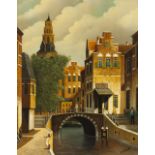 G. SCHNENDER (MODERN DUTCH PASTICHE) OIL PAINTING ON PANEL Townscape with canal and figures Signed