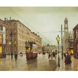 STEVEN SCHOLES (b. 1952) OIL PAINTING Oxford Road, Manchester with trams and hansom cab, Signed