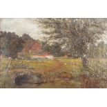 ATTRIBUTED TO ALFRED EAST OIL PAINTING ON CANVAS 'Farm at Godalming' 9" x 13 1/2" ( 22.9cm x 34.3cm)