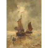 V. DONGAN (MODERN DUTCH PASTICHE) OIL PAINTING ON PANEL Fishing boats with figures Signed lower left