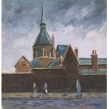 CHARLES M. JONES (1923-2008) OIL PAINTING ON BOARD 'St. Mary's' Church and figures Signed lower