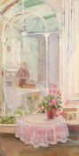 ENID WILLIAMS (TWENTIETH CENTURY) OIL ON BOARD 'Lace Tablecloth' Signed, titled to label verso 28 ½"