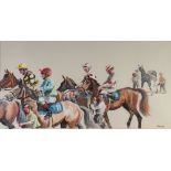 DANIEL BYRNE (Danny Caricatures) WATERCOLOUR 'Wait for me' a group of racehorses with jockeys up