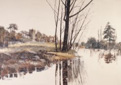WALFORD (MODERN) OIL PAINTING ON BOARD River landscape with church Signed 23" x 32 1/2" (58.5cm x