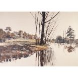 WALFORD (MODERN) OIL PAINTING ON BOARD River landscape with church Signed 23" x 32 1/2" (58.5cm x