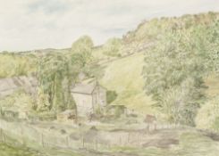•DAVID GLUCK (1939-2007) WATERCOLOUR DRAWING 'Overlooking Mellor Church' Signed, dated 1984 and