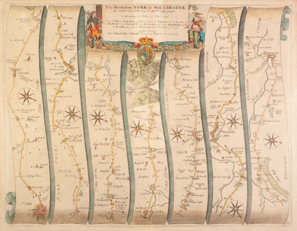 ANTIQUE HAND COLOURED ROAD MAP, 'YORK TO WEST CHESTER' BY JOHN OGILBY, 13 ¼" x 17 ¼" (33.7cm x 43.