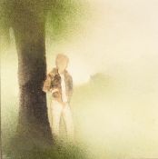 COLIN JELLICOE (1942-2018) OIL ON ARTIST BOARD Male figure standing beneath a tree Signed and