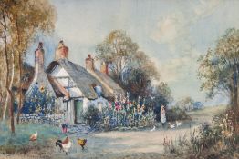 JOHN HUGHES CLAYTON (active 1891 - 1929) WATERCOLOUR DRAWING Rural landscape with thatched cottage