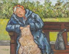 CHARLES M. JONES (1923-2008) OIL PAINTING ON BOARD Old woman asleep on a park bench, Signed lower