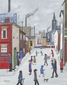 RACHEL TAYLOR OIL PAINTING ON CANVAS Northern street scene with figures Signed lower left 14" x