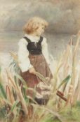 FREDERICK MORGAN R.O.I (1856-1927) WATERCOLOUR 'ALL GATHERED', a young girl standing in a lakeland