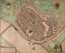 ANTIQUE HAND COLOURED MAP OF DEVENTER, (NETHERLANDS) BY BRAUN-HOGENBERG, 13" x 15 ¾" (33cm x 40cm)