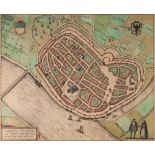 ANTIQUE HAND COLOURED MAP OF DEVENTER, (NETHERLANDS) BY BRAUN-HOGENBERG, 13" x 15 ¾" (33cm x 40cm)