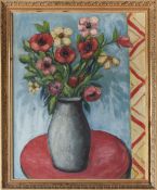 UNATTRIBUTED IMPASTO OIL PAINTING VASE OF FLOWERS ON A RED TABLE TOP 22" X 18"