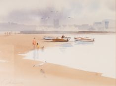 JOHN HORNER WATERCOLOUR DRAWING BOAT AND BEACH SCENE SIGNED 10 1/2" X 14"