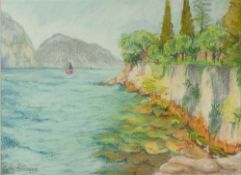 CATHY JOHNSON (TWENTIETH CENTURY) TWO PASTEL DRAWINGS River scape with flowers and trees 15 ½" x
