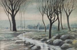 T.M. McGRATH (TWENTIETH CENTURY) GOUACHE Winter landscape with stream Signed 12 ¼" x 19" (31.1cm x