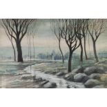 T.M. McGRATH (TWENTIETH CENTURY) GOUACHE Winter landscape with stream Signed 12 ¼" x 19" (31.1cm x