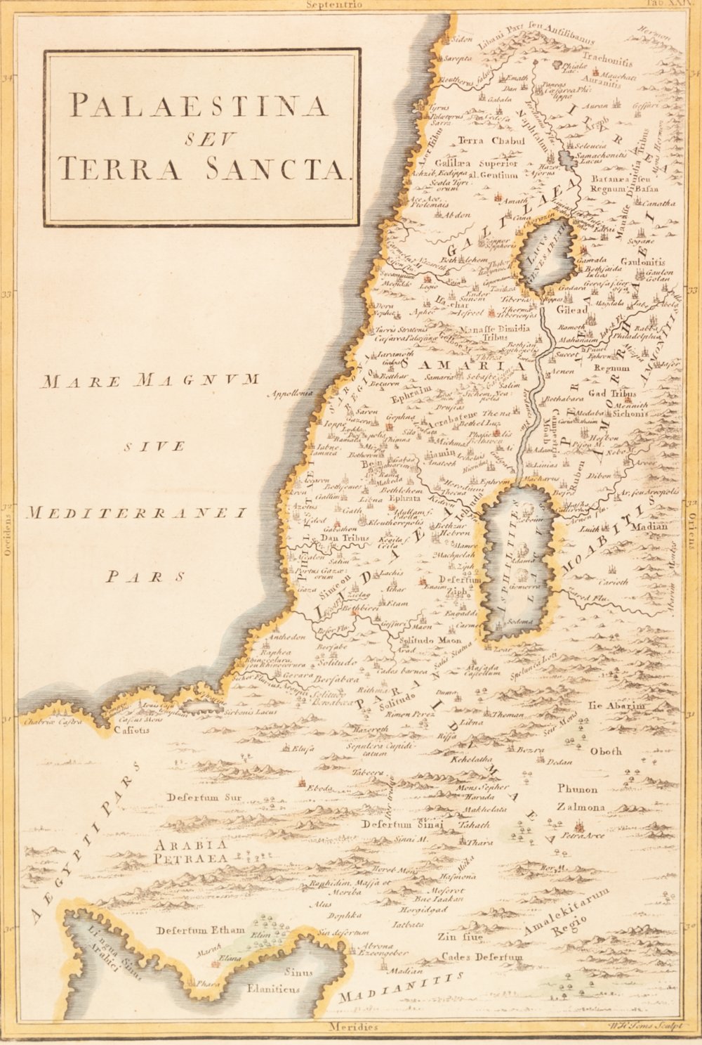 ANTIQUE MAP OF PALESTINE BY W.H. JONES, with outlined colouring, 11 ¾" x 8" (29.8cm x 20.3cm), AND