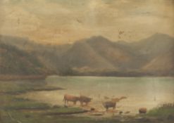 BRITISH PRIMITIVE SCHOOL (circa 1900) OIL PAINTINGS ON CANVAS, A PAIR Landscapes 14" x 18" (35.5cm x