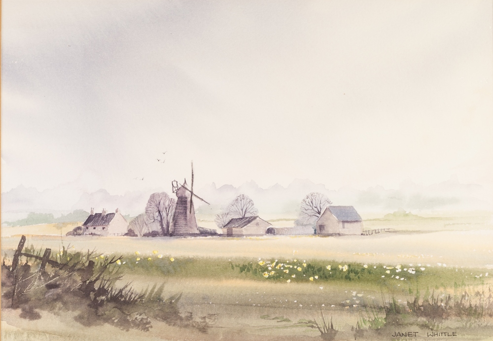 JANET WHITTLE WATERCOLOUR DRAWING WINDMILL AND COTTAGES 8 3/4" X 10 1/2" AND TREVOR PARKIN (B. 1935) - Image 2 of 2