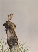 JERRY S. WAIDE (b. 1948) OIL PAINTING ON BOARD 'Wren perched upon a tree stump' Signed 15 3/4" x