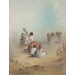 FERREIRA (TWENTIETH CENTURY PORTUGESE SCHOOL) OIL PAINTING ON CANVAS 'Gypsy Scene' Signed, titled