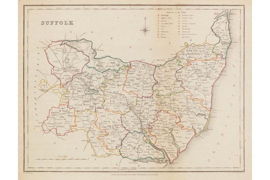 THREE ETCHINGS to include A MAP OF SUFFOLK drawn and engraved for Lewis' topographical dictionary by