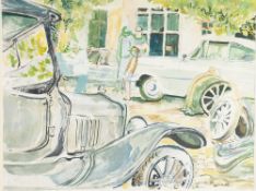 JESSIE STREAMES (modern) WATERCOLOUR AND GOUACHE 'Vintage cars Negrepellise 1999' Signed and