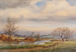CLIVE PRYKE (1948-2017) WATERCOLOUR Landscape with village church Signed 12" x 17 1/4" (30.5cm x