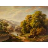 CHARLES (Twentieth Century) OIL PAINTING ON PANEL Extensive river landscape with woman and child