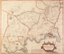 ANTIQUE HAND COLOURED MAP OF MIDDLESEX BY ROBERT MORDEN, 14 ½" x 17" (36.8cm x 43.2cm), tightly