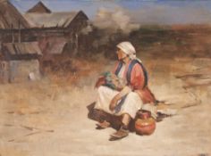 RUSSIAN SCHOOL (Modern) OIL PAINTING ON CANVAS, laid down on board Study of a peasant woman sat