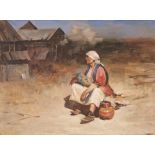 RUSSIAN SCHOOL (Modern) OIL PAINTING ON CANVAS, laid down on board Study of a peasant woman sat