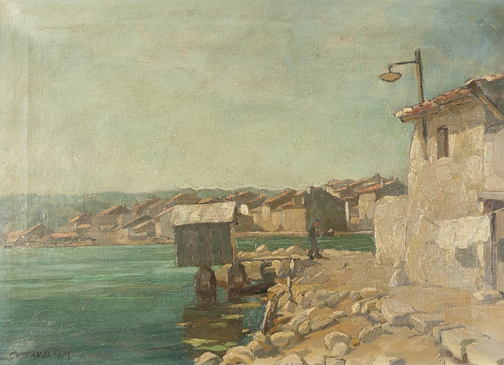 GUSTAV BOHM (Twentieth Century) OIL PAINTING ON CANVAS A Continental coastal or lakeside townscape