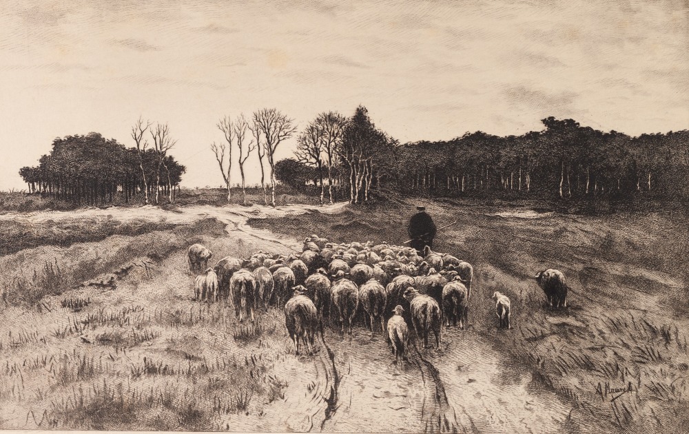 AFTER A. MAUREL (EARLY TWENTIETH CENTURY) PAIR OF ENGRAVINGS Rural scenes: Drove with Sheep Woodsmen - Image 2 of 2