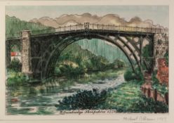 MICHAEL COLLINS SIGNED PRINT OF A PEN AND WASH DRAWING 'Ironbridge, Shropshire, 1779' Signed and