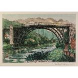 MICHAEL COLLINS SIGNED PRINT OF A PEN AND WASH DRAWING 'Ironbridge, Shropshire, 1779' Signed and